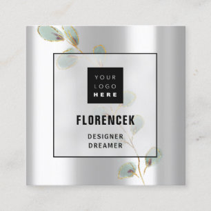 Custom Logo QR CODE Silver Gray Green Gold Leafs Square Business Card