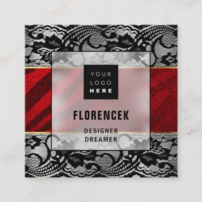 Custom Logo QR CODE Silver Grey Black Red Lace  Square Business Card (Front)