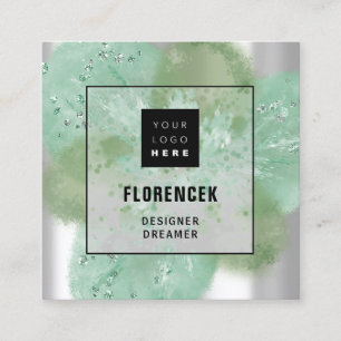 Custom Logo QR CODE Silver Grey Floral Abstract Square Business Card