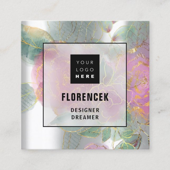 Custom Logo QR CODE Silver Grey Green Floral Frame Square Business Card (Front)