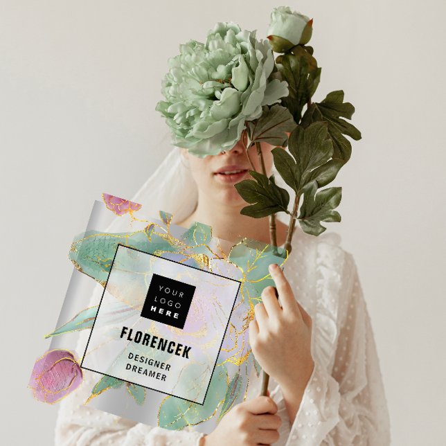 Custom Logo QR CODE Silver Grey Green Floral Square Business Card (Custom Logo QR CODE Silver Gray Green Floral Square Business Card)