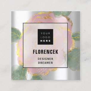Custom Logo QR CODE Silver Grey Green Rose Leafs Square Business Card