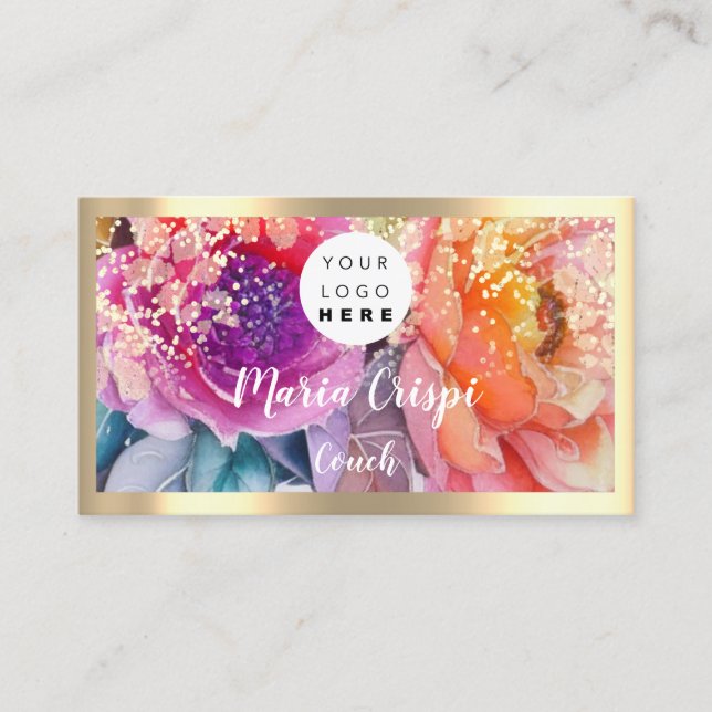 Custom Logo QRCode Social Gold Watercolor Roses Business Card (Front)