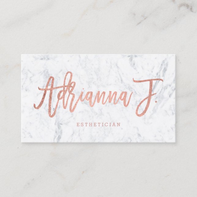 Custom logo rose gold typography white marble business card (Front)