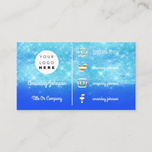  Custom Logo Social Gold QR Code Blue Sparkly Business Card (Front)