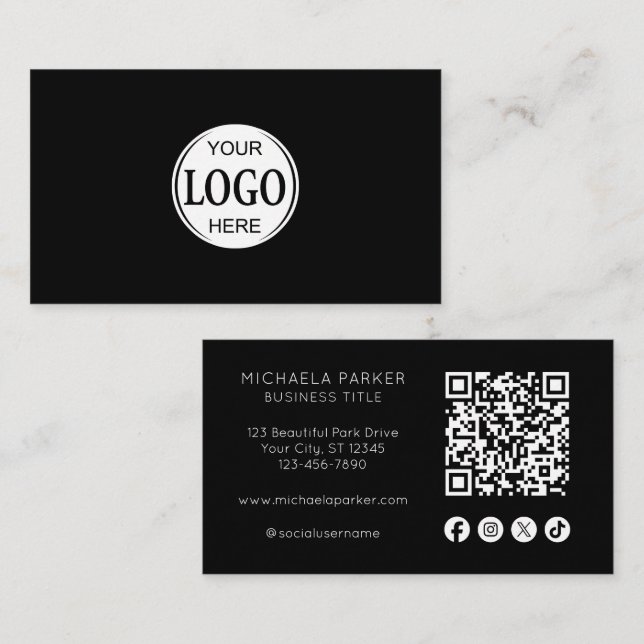 Custom Logo Social Icon QR Code Professional Black Business Card (Front/Back)
