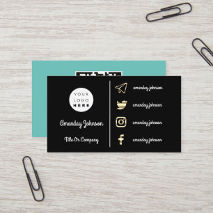 Custom Logo Social Media Gold QR Code Aqua Black Business Card