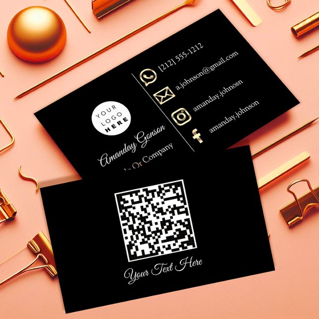  Custom Logo Social Media Gold QR Code Black White Business Card (Custom Logo Social Media Gold QR Code Black White Business Card)