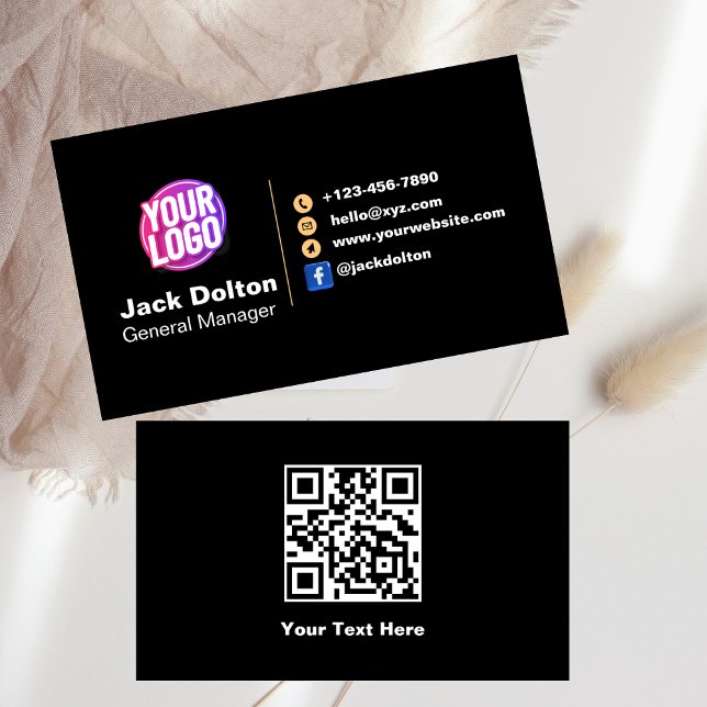 Custom Logo Social Media Gold QR Code Modern Black Business Card (Creator Uploaded)