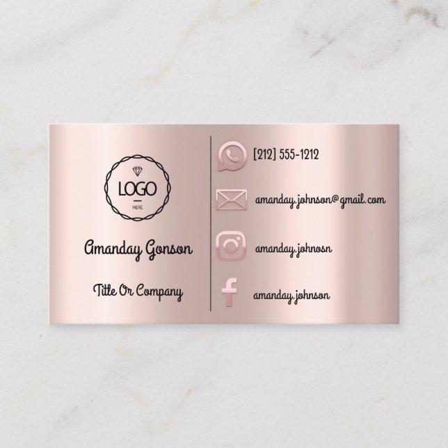  Custom Logo Social Media Gold QR Code Rose Blush Business Card (Front)