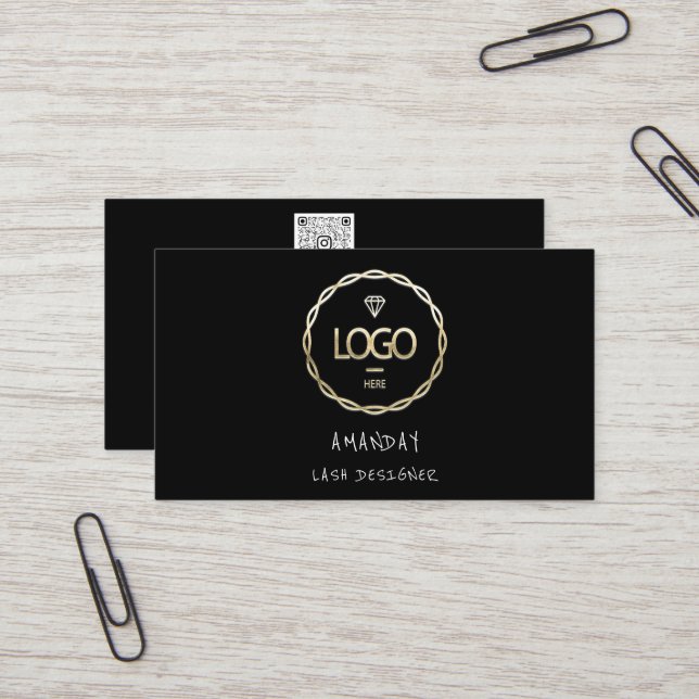 Custom Logo Social Media QR Code Gold Black Business Card (Front/Back In Situ)