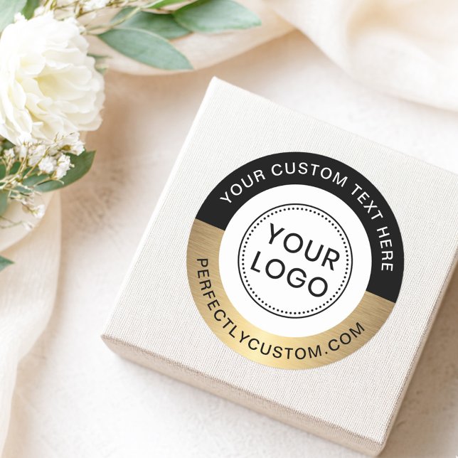 Custom logo text black golden border classic round sticker (Round sticker with black and faux golden border and your custom logo and text)