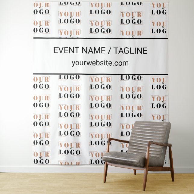Custom Logo & Text Half Drop Repeat White Backdrop Tapestry (In Situ)