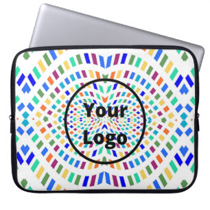 Custom logo wavy colourful rectangles on white laptop sleeve