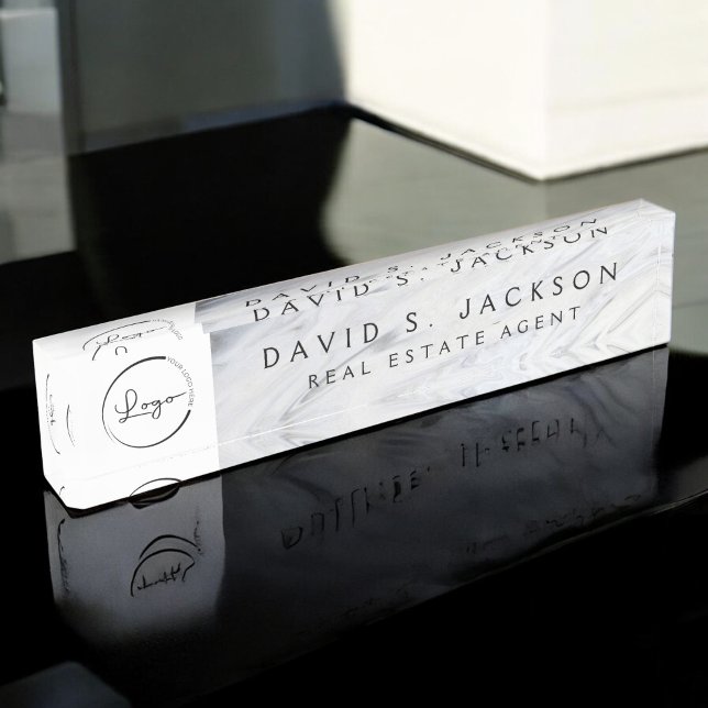 Custom Logo White Grey Marble Elegant Professional Nameplate (Creator Uploaded)