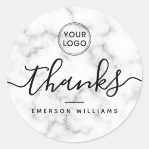 Custom logo white marble elegant thank you classic round sticker