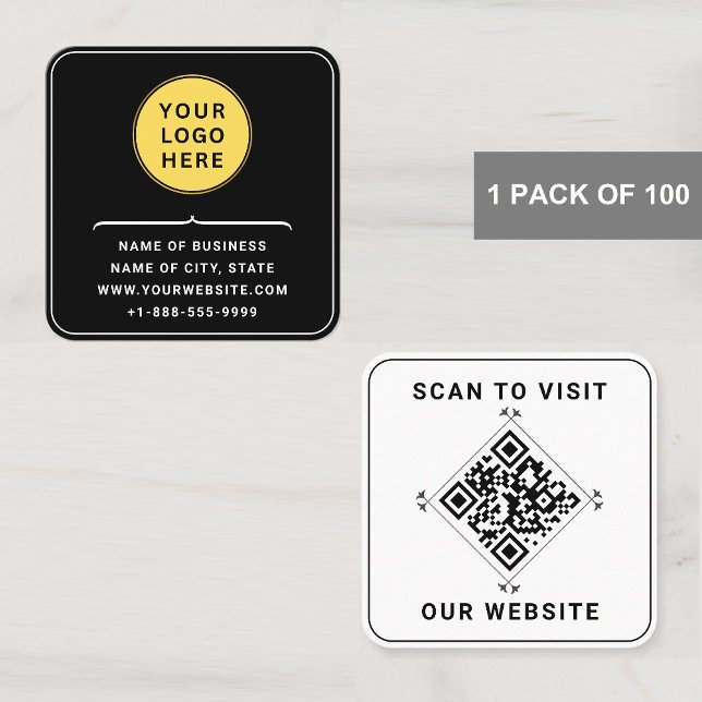 Custom Logo With QR Code | Modern Black and White  Square Business Card (minimalist square business cards)