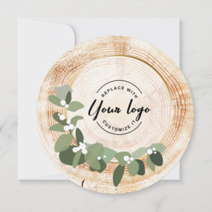 Custom Logo Wood Grain Modern Wreath Thank you Holiday Card