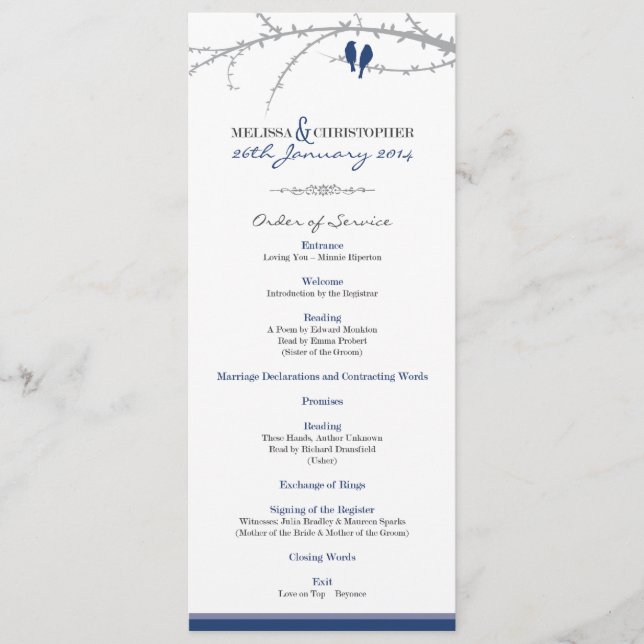 Custom Love Birds Order of Service (navy) Programme (Front)