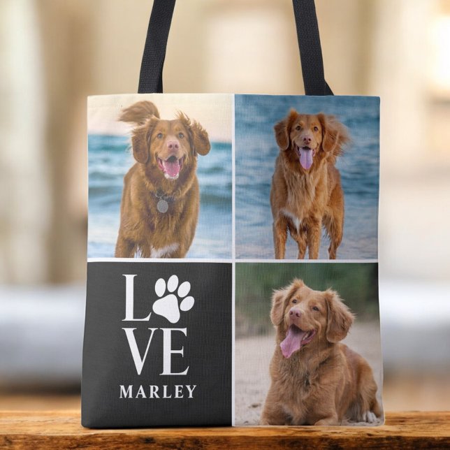 Custom Love Dog Lover Name Photo Collage Pet Tote Bag (Creator Uploaded)
