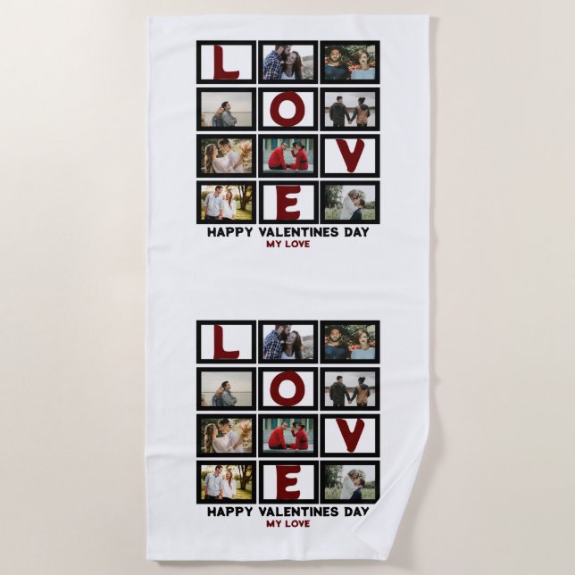 Custom Love Happy Valentines Day 8 Photo Collage Beach Towel (Front)