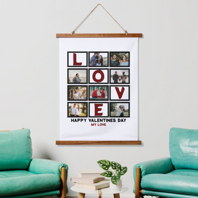 Custom Love Happy Valentines Day 8 Photo Collage Hanging Tapestry (Living Room)