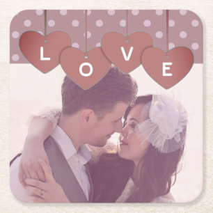 Custom Love Hearts Banner Overlaid Custom Photo Square Paper Coaster