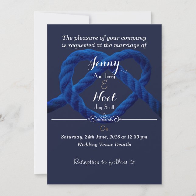 Custom Love Knot Navy Blue And White Wedding Invitation (Front)