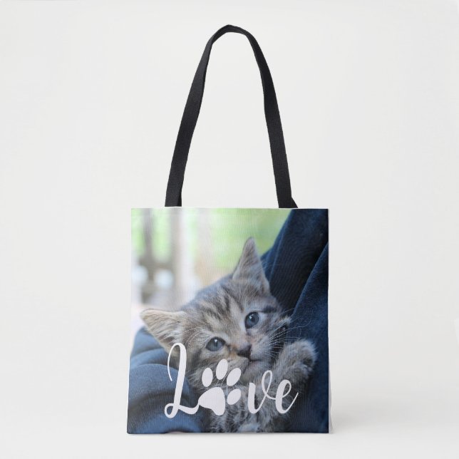 Custom Love Paw Cat Lover Pet Photo Tote (Front)