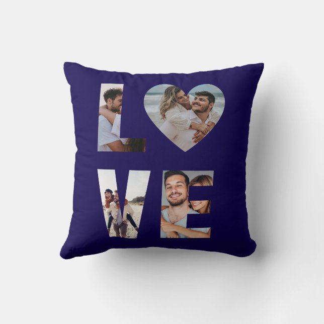 Custom LOVE Photo Collage Navy Blue Cushion (Back)