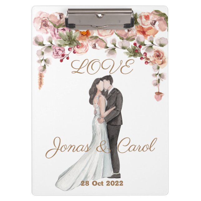 Custom Love Wedding watercolor floral elegant cute Clipboard (Front)