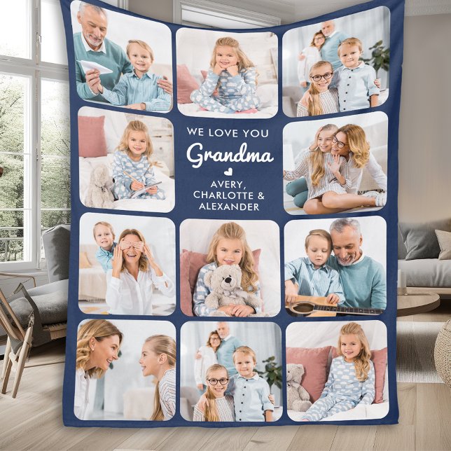 Custom Love You Grandma Modern Navy Blue 11 Photo Fleece Blanket (Creator Uploaded)