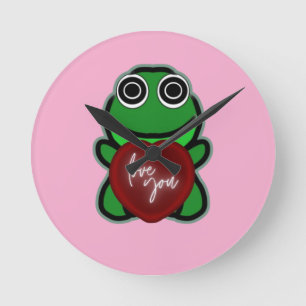 Custom Love You Kawaii Frog Heart Gift Round Clock