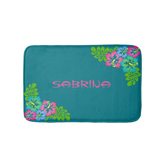 Custom Luau Hawaiian Flowers Bath Mat (Front)