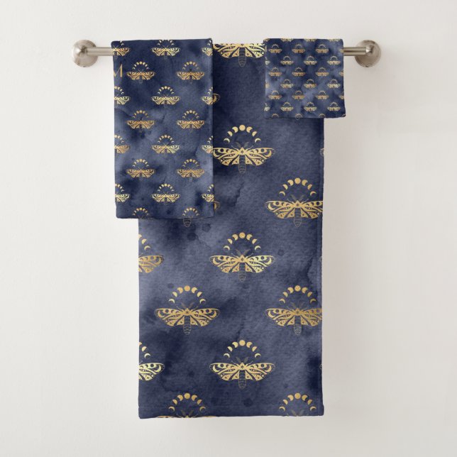 Custom Luxury Gold Bee Navy Night Celestial Bath Towel Set (Insitu)