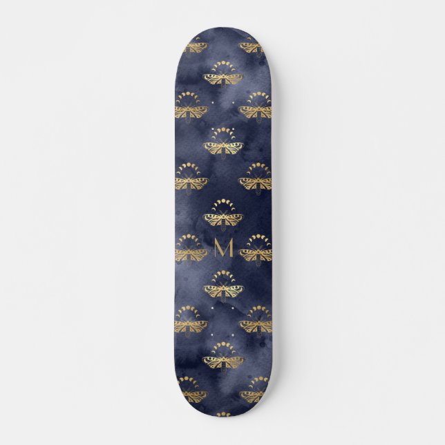 Custom Luxury Gold Bee Navy Night Celestial Skateboard (Front)