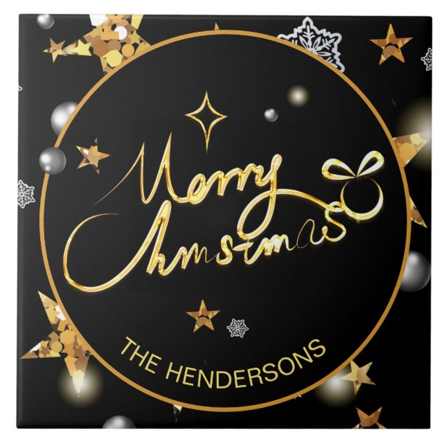 Custom Luxury Gold Black Metallic Stars Xmas  Tile (Front)
