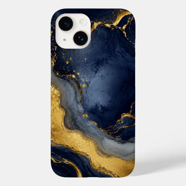Custom Luxury Navy Gold Abstract Marble Fluid Art Case-Mate iPhone Case (Back)