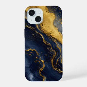 Custom Luxury Navy Gold Abstract Marble Fluid Art iPhone 15 Case