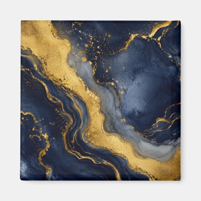 Custom Luxury Navy Gold Abstract Marble Fluid Art Magnet (Front)
