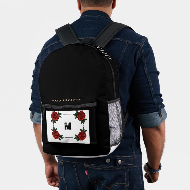 Custom "M" Monogram with Red Rose Black background Printed Backpack (Insitu (Model))