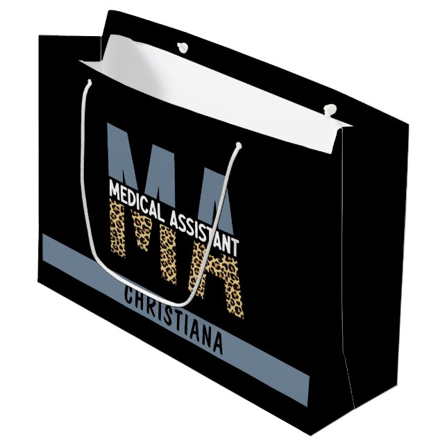 Custom MA Medical Assistant Leopard Print Large Gift Bag (Front Angled)