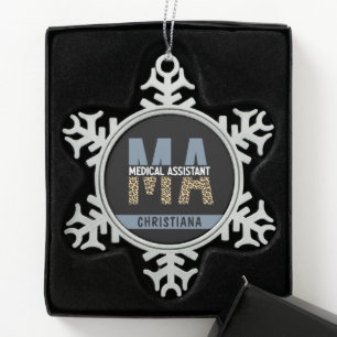 Custom MA Medical Assistant Leopard Print Snowflake Pewter Christmas Ornament