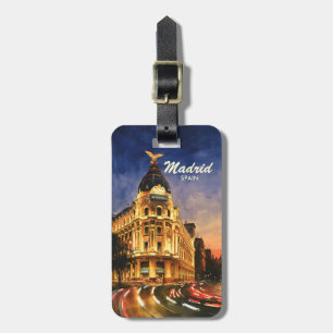 Custom Madrid Spain Night Watercolor Cityscape Luggage Tag