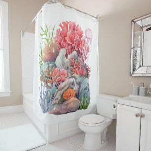 Custom magical ocean jellyfish living in coral shower curtain