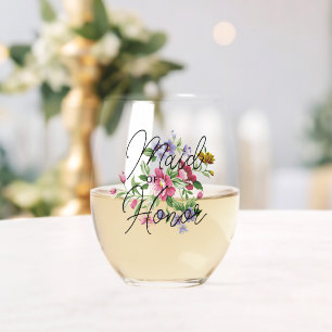 Custom Maid Of Honour Text On Flower Bouquet Stemless Wine Glass