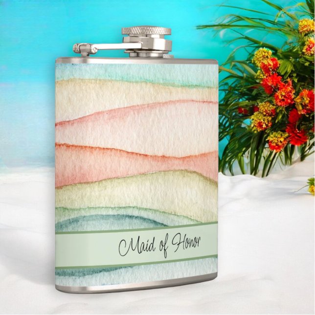 Custom Maid of Honour Watercolor Streaks Hip Flask (angle view of template flask)