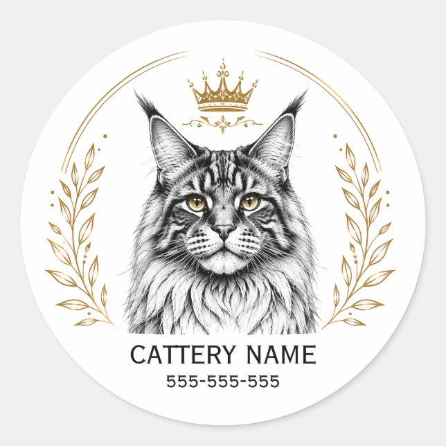 Custom Maine Coon Cattery Round Sticker with Phone (Front)