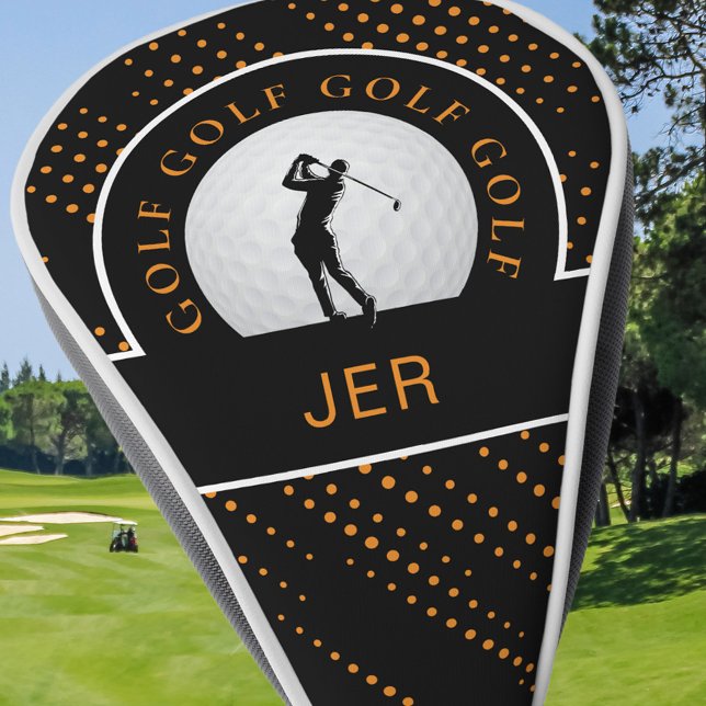 Custom Male Golfer Simple Modern Cute Black Orange Golf Head Cover (Golf Custom Male Golfer Silhouette Black Orange Golf Head Cover Accessories for Golfers)