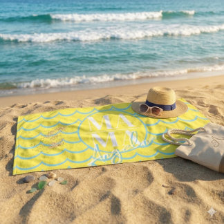 Custom MAMA Script Name Yellow Blue Scallop Beach  Towel